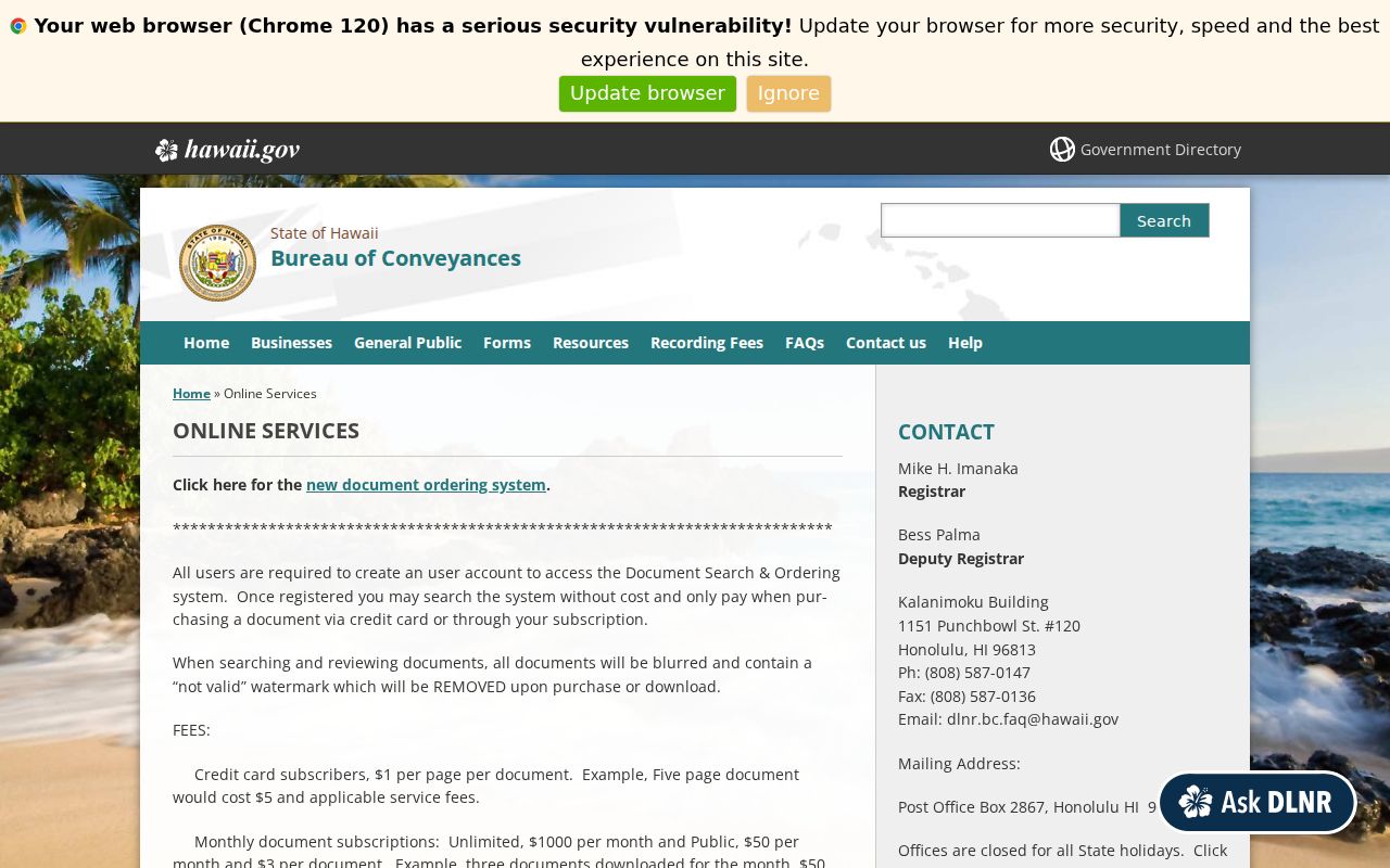 Hawaii Bureau of Conveyances online service used for Pearl City deed research