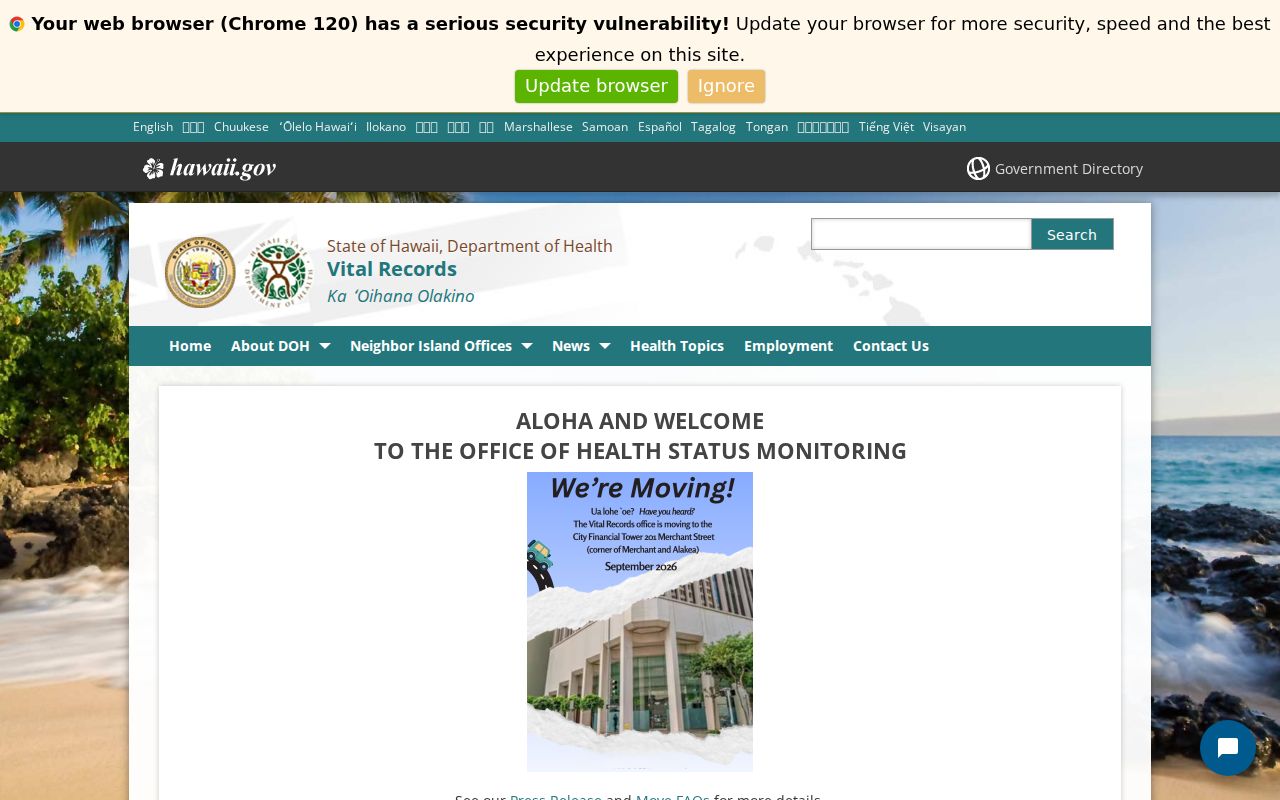 Hawaii vital records application page serving Pearl City events