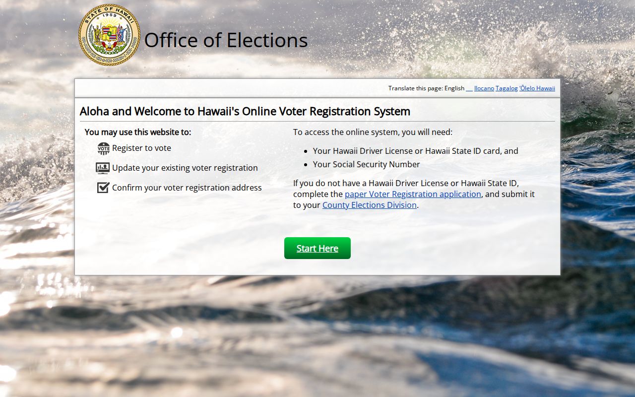 Hawaii official voter status portal used by Pearl City residents