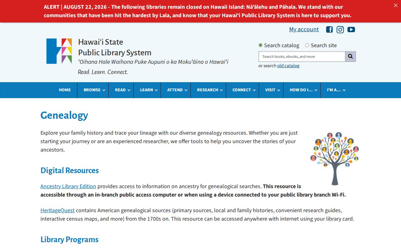 Hawaii public library genealogy resources supporting Pearl City directory research