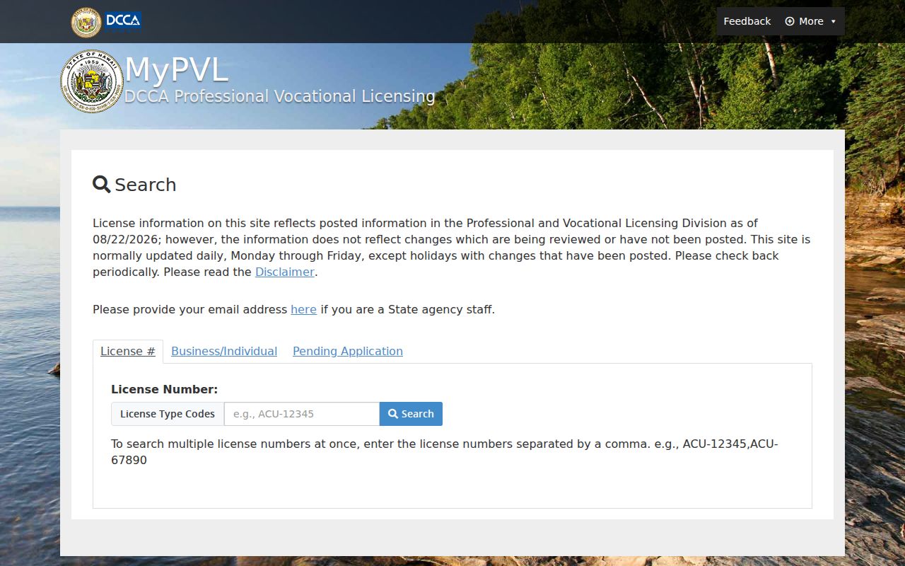 Hawaiʻi MyPVL public professional license search used to verify Pearl City affiliations